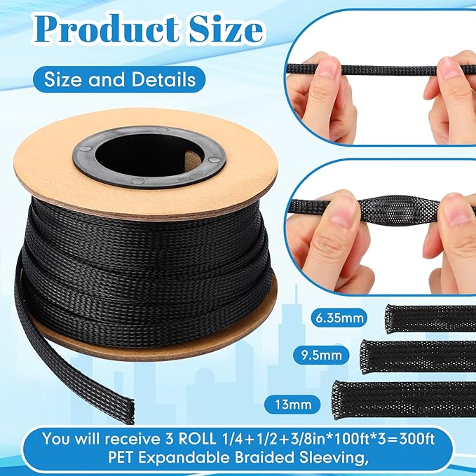 Pangda 300 Feet 1/4, 3/8 Inches Wire Loom PET Expandable Braided Sleeving - Image 2