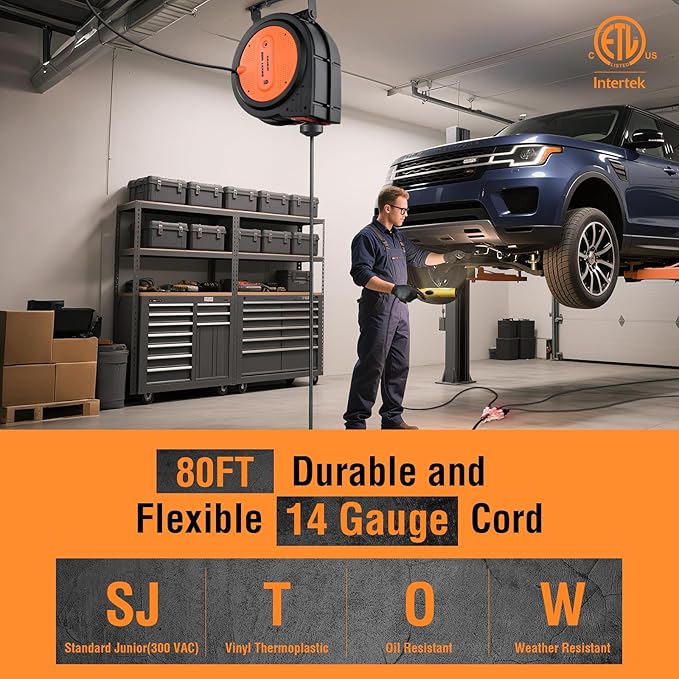 SURAIELEC 80 FT Retractable Extension Cord Reel, 14 AWG SJTOW Power Cord - Image 2