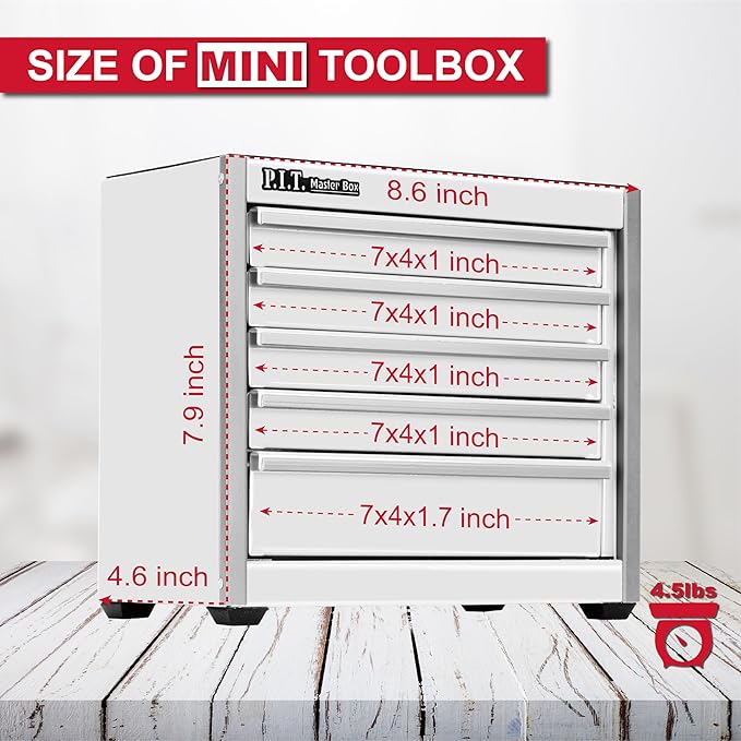 P.I.T. Mini White Tool Box, Portable 5-Drawer Micro Roll Cab Steel Stackable - Image 3
