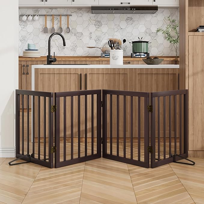 Wooden Dog Gate Freestanding Foldable 4 Panel Pet Gates Extra Wide Dog Gates by MinoKesper