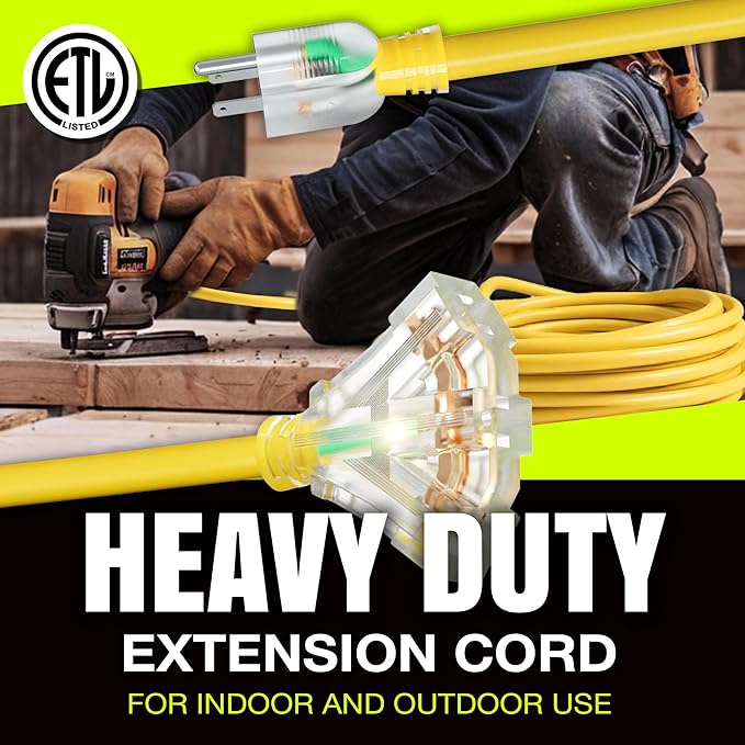 25ft Outdoor/Indoor Extension Cord 3-Outlet 12/3 Gauge Extra Heavy Duty ETL - Image 7
