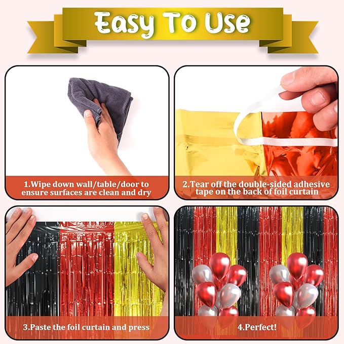 3 Pack 3.3 x 8.2 ft Red Black Gold Foil Fringe Backdrop Curtains, Tinsel - Image 3