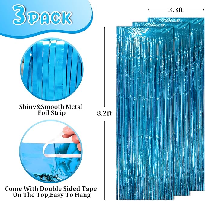 3 Pack 3.3 x 8.2 ft Retro Blue Foil Fringe Backdrop Curtains, Tinsel Streamers - Image 2