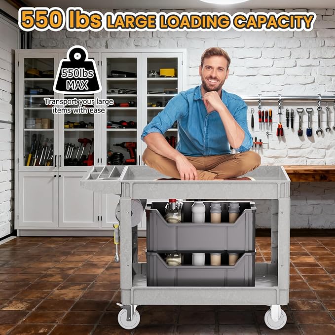 2-Tier Rolling Tool Cart, Heavy-Duty Plastic Service Cart - Image 6