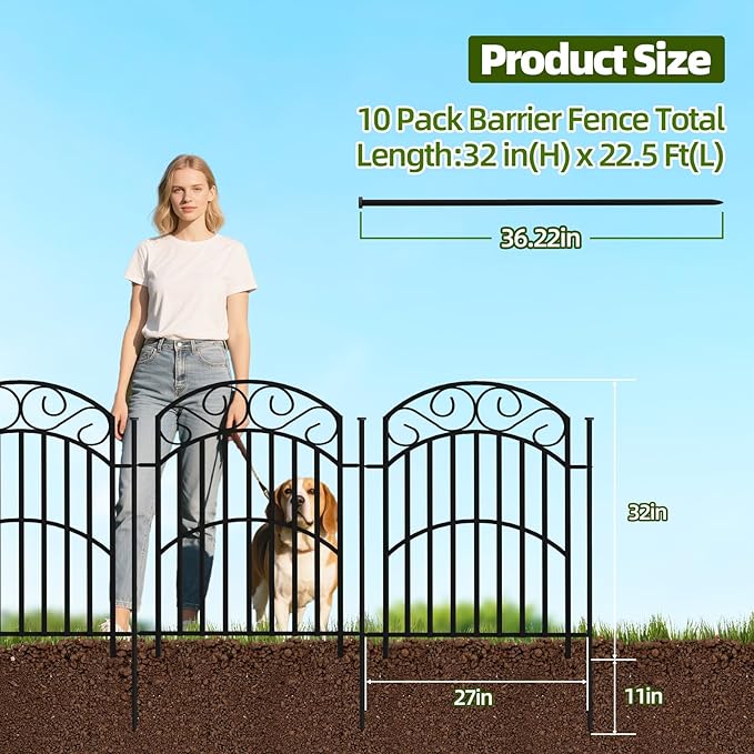 10 Panels 32in Decorative Garden Fence, Total 22.5ft L Heavy Duty Iron Metal No - Image 2