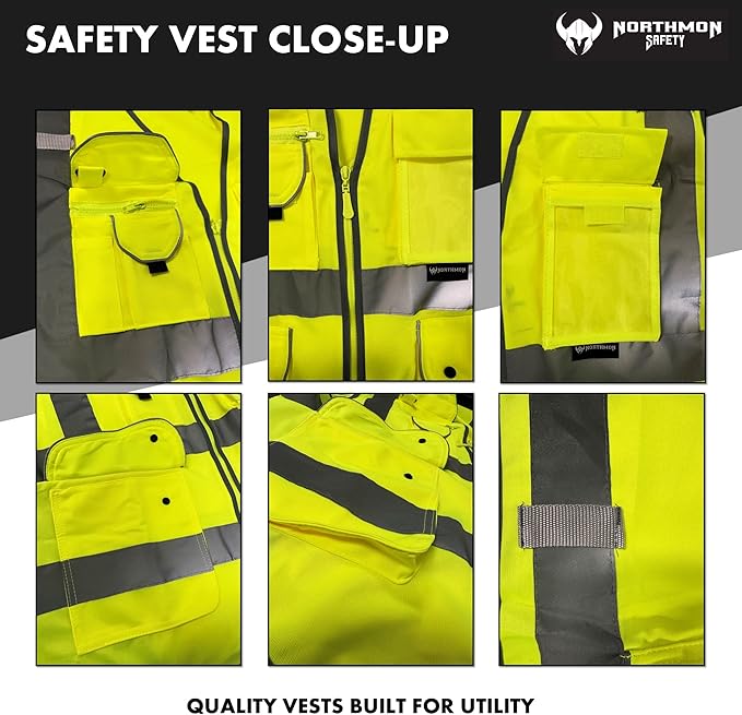 Vest 9 Pockets Class 2 High Visibility Zipper Front Construction Vest - Image 5