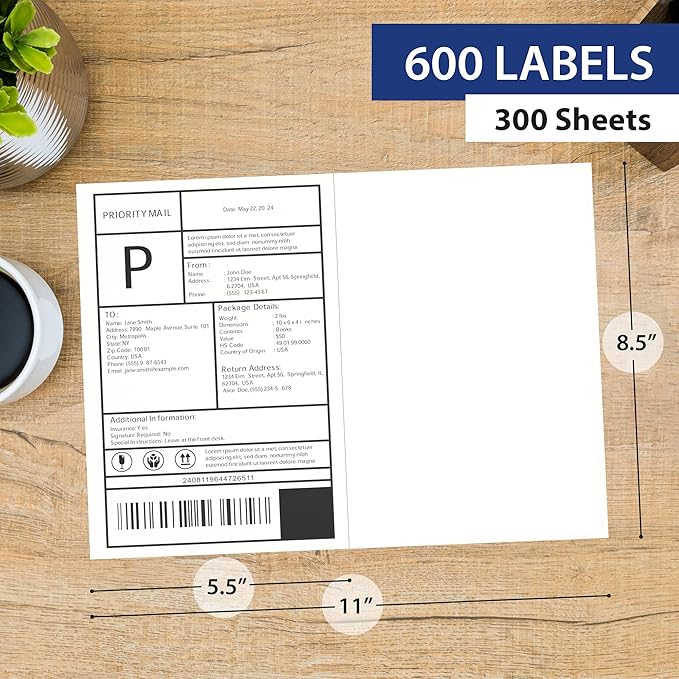 300 Sheet | 8.5" x 11" 2 UP Half Sheet Self Adhesive Shipping Labels - Image 2