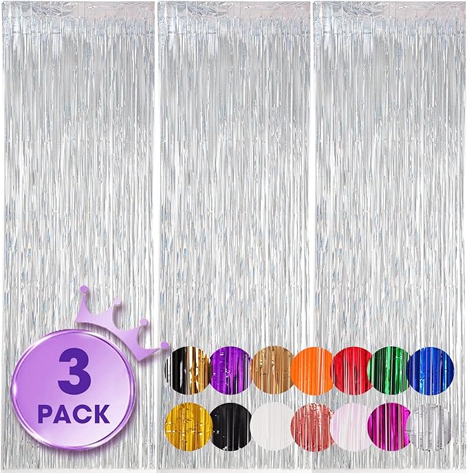 3 Pack 3.3x8.2 Feet Laser Silver Foil Fringe Backdrop Curtains, Tinsel by Voircoloria