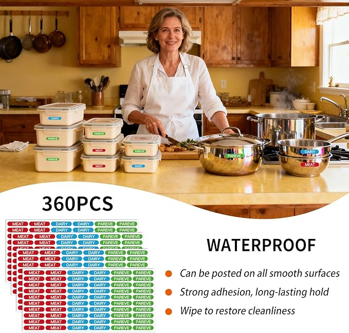 360PCS Kosher Labels for Kitchen, Color Coded Meat Dairy Pareve Stickers - Image 7
