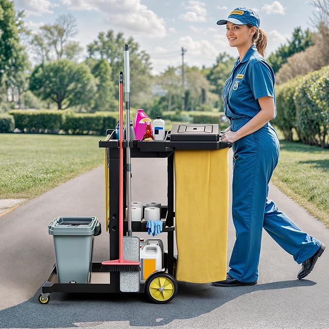 DWVO Janitorial Cart on Wheels, Cleaning Carts, Housekeeping Carts, 3 Shelf - Image 7