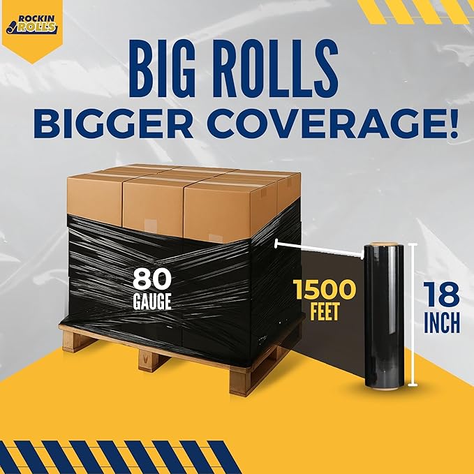Rockin Rolls Black Stretch Wrap 18"x1500 ft, 80 Gauge – 4 Rolls Heavy Duty - Image 3