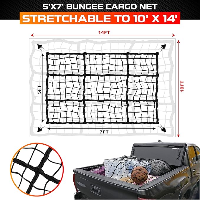 5'x7' Heavy Duty Cargo Net Stretches to 10' x 14', Extra Thick 10mm Cord Bungee - Image 2