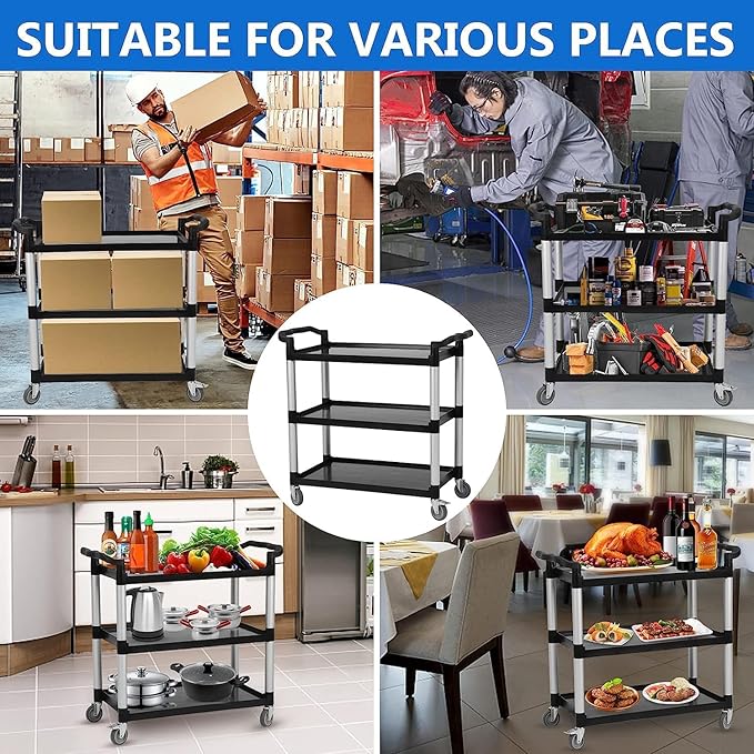 Heavy Duty 360 Restaurant Cart, 3-Shelf Plastic, Lockable Wheels, Extra Large - Image 7