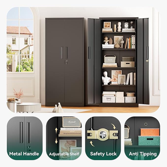 Greenvelly 63" H Metal Storage Cabinet Black, Locking Metal Cabinet, Store Tools - Image 4
