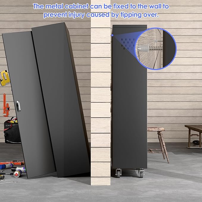Garage Storage Cabinet with Wheels and 5 Pegboard, Broom Closet Storage Cabinet - Image 6