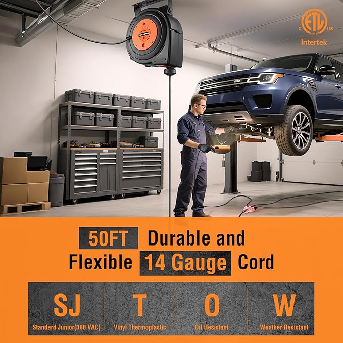 SURAIELEC 50FT Retractable Extension Cord Reel, 14AWG/3C SJTOW Heavy Duty Power - Image 2