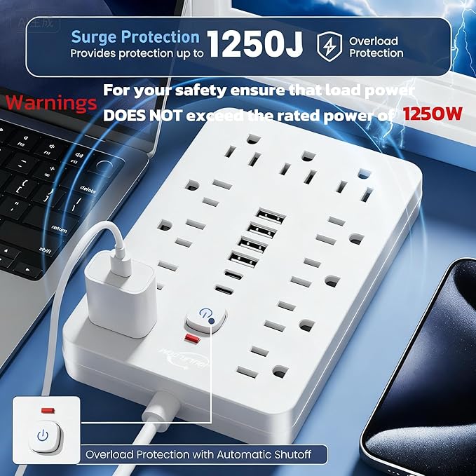 20 FT Flat Plug Surge Protector Power Strip, 11 Multiple AC Outlets - Image 8