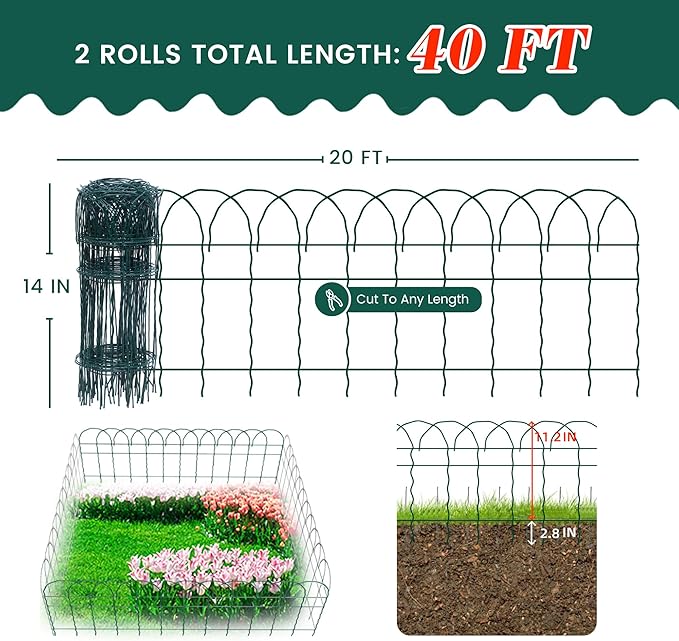 2 Rolls Green Garden Fence Border, 14 in x 40 ft Metal Folding Fence Wire Roll - Image 4