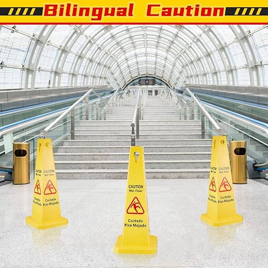 Floor Safety Cone Yellow Caution Wet Floor Sign 4 Sided Wet Cone Sign Public - Image 4