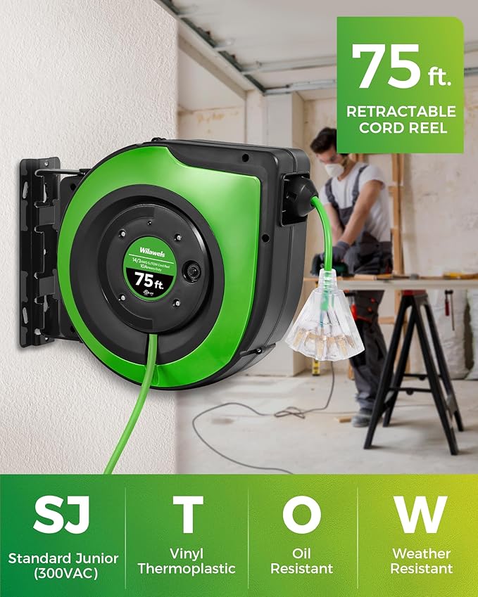 Retractable Cord Reel, 75 FT Heavy Duty Extension Cord, 14AWG/3C SJTOW - Image 7