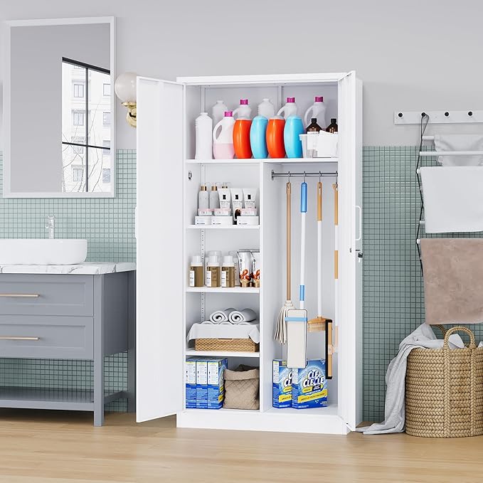 Broom Closet with Lock, Metal Storage Cabinet 36" Wide, 5-Tier Steel Utility - Image 4