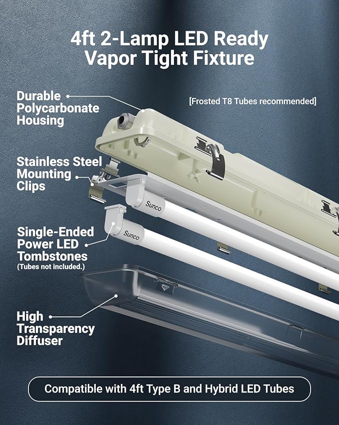Sunco LED Ready Fixture for Garage Ceiling, 4ft Shop Lights Holds 2 LED Tube - Image 3