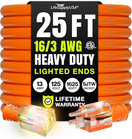 25ft Outdoor/Indoor Extension Cord 16/3 Gauge Heavy Duty 3 Prong SJTW, by LifeSupplyUSA