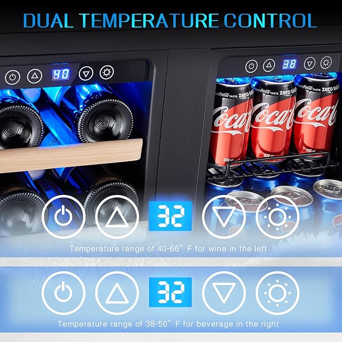 24 Inch Wine and Beverage Fridge, Wine Refrigerator Dual Zone Hold 20 Bottles - Image 4
