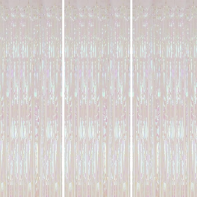 3 Pack Foil Fringe Backdrop, 3.3x8.2 Feet Tinsel Curtains, Transparent Rainbow by DECOCKRAT
