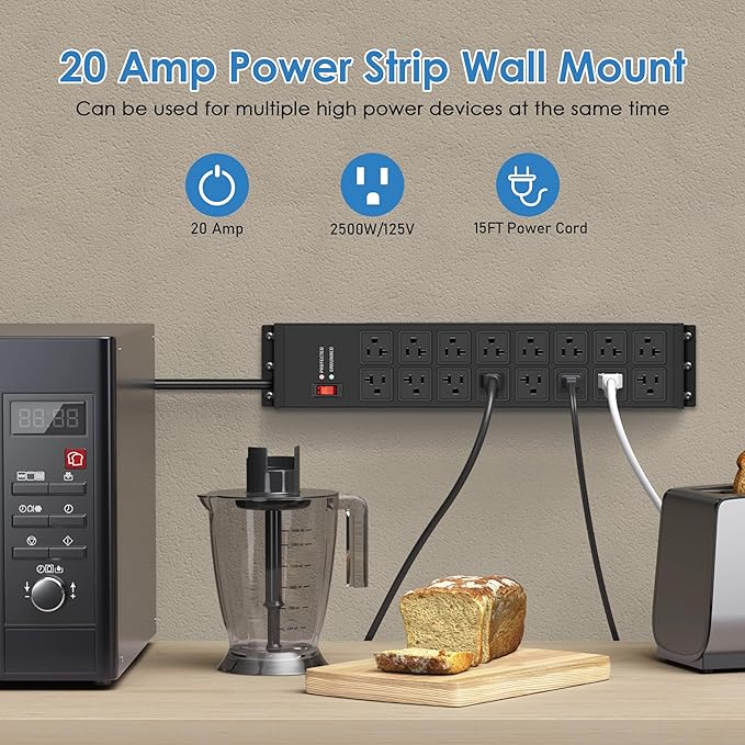 JUNNUJ Heavy Duty 20 Amp Power Strip 4800J, 16 Outlets 12 Gauge Garage - Image 3