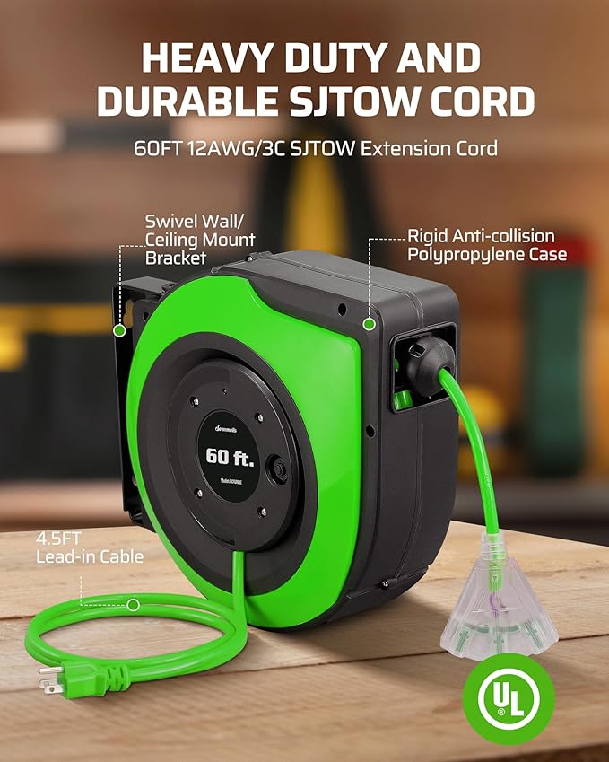 DEWENWILS Retractable Cord Reel, 60FT Heavy Duty Extension Cord, 12AWG/3C SJTOW - Image 3