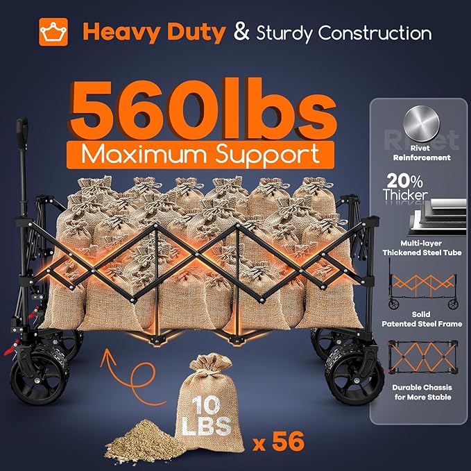 48" L Collapsible Wagon Cart Foldable, 560lbs Weight Capacity 300L Heavy Duty - Image 4