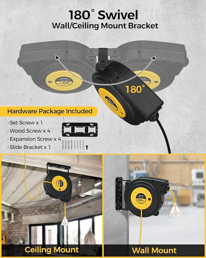 Retractable Extension Cord Reel, 50 FT Heavy Duty Power Cord, 14AWG/3C SJTOW - Image 4