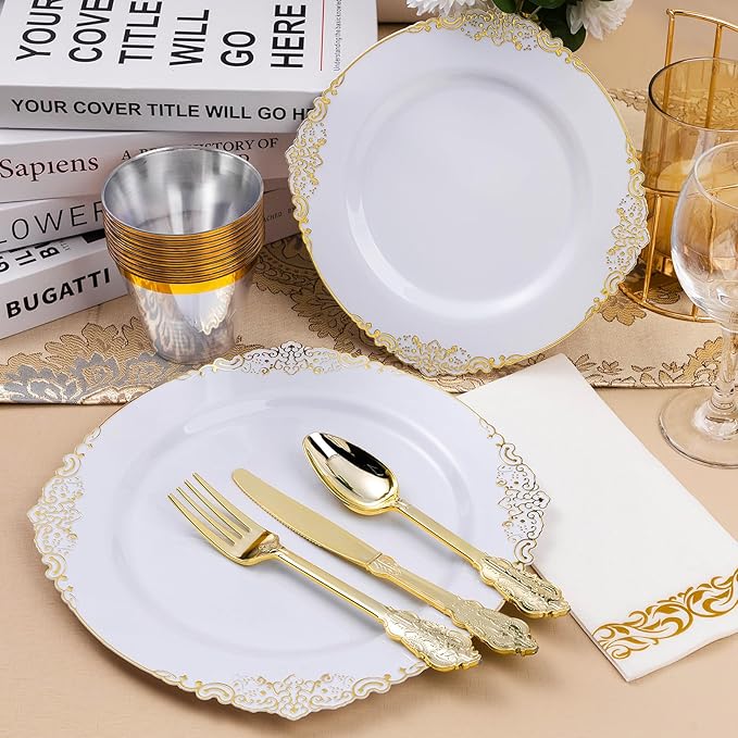 350PCS White and Gold Plastic Plates - Image 5