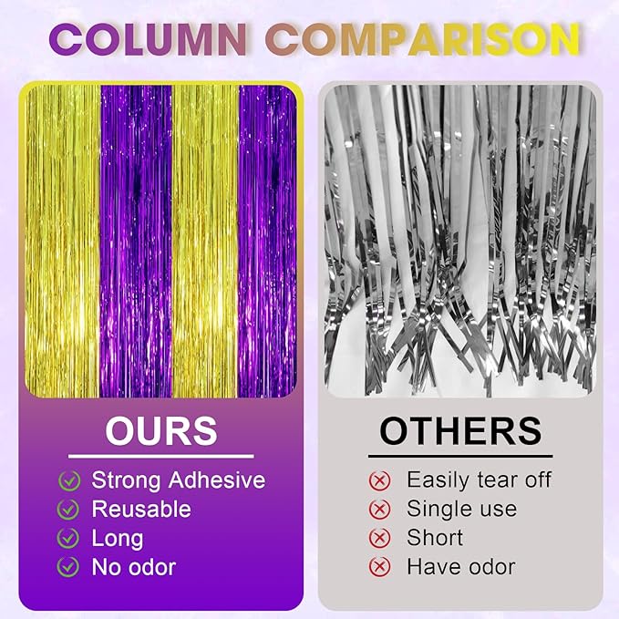 3 Pack 3.3 x 8.2 ft Purple and Gold Foil Fringe Backdrop Curtains, Tinsel - Image 3