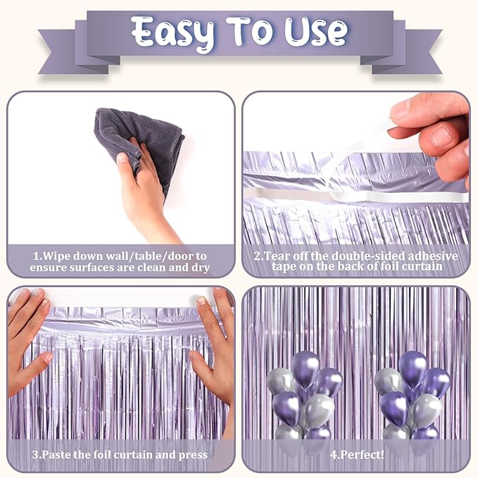 3 Pack 3.3 x 8.2 ft Light Purple Foil Fringe Backdrop Curtains, Tinsel - Image 4