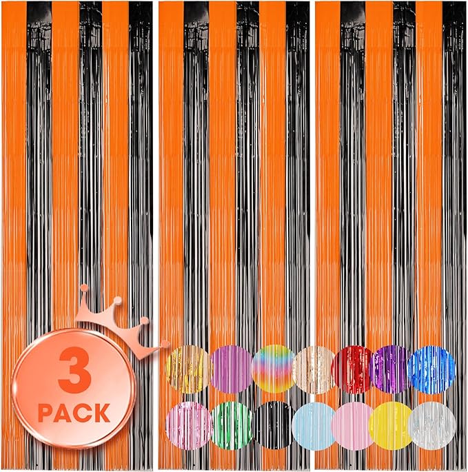 3 Pack 3.3x8.2 Feet Black and Orange Foil Fringe Backdrop Curtains, Tinsel by Voircoloria