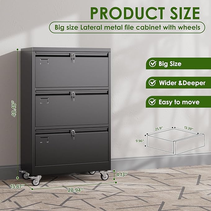 Aobabo 3 Drawer Lateral File Cabinet - Image 2