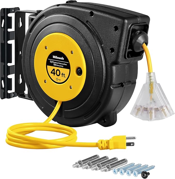 Retractable Extension Cord Reel, 40 FT Heavy Duty Power Cord, 12AWG/3C SJTOW by Wilawels