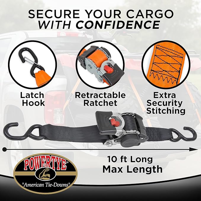 PowerTye - 2 inch x 10ft Long Retractable Ratchet Tie Down Strap - - Image 3