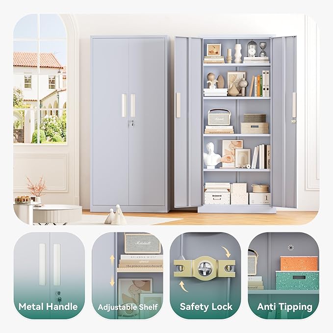 Greenvelly 63" H Metal Storage Cabinet Dark Grey, Locking Metal Cabinet - Image 4