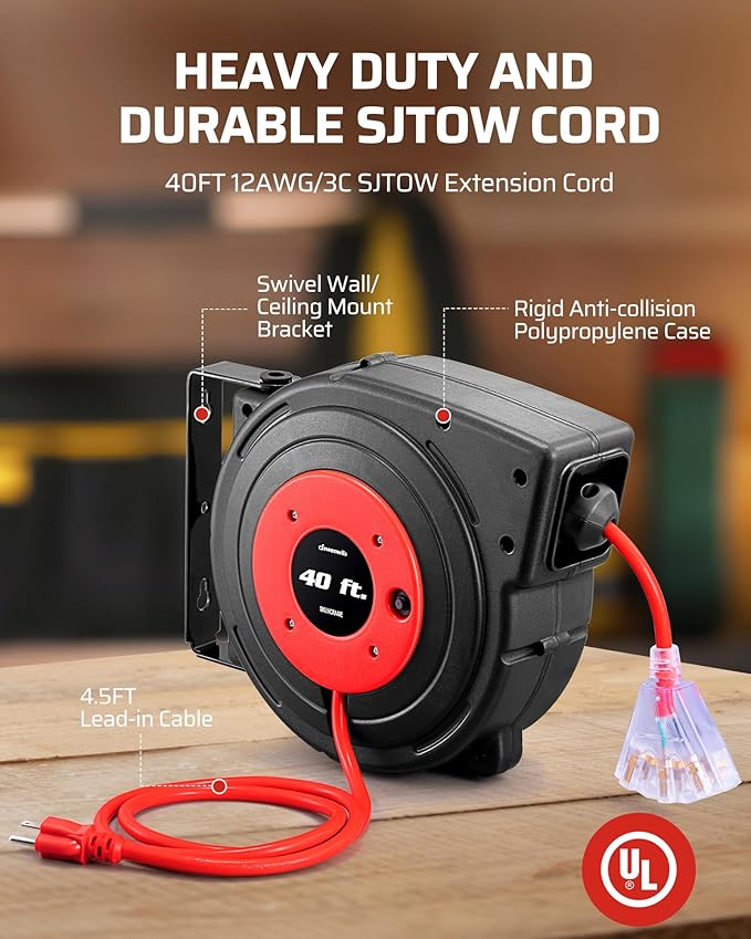 DEWENWILS Retractable Extension Cord Reel, 40 FT Heavy Duty Power Cord - Image 4
