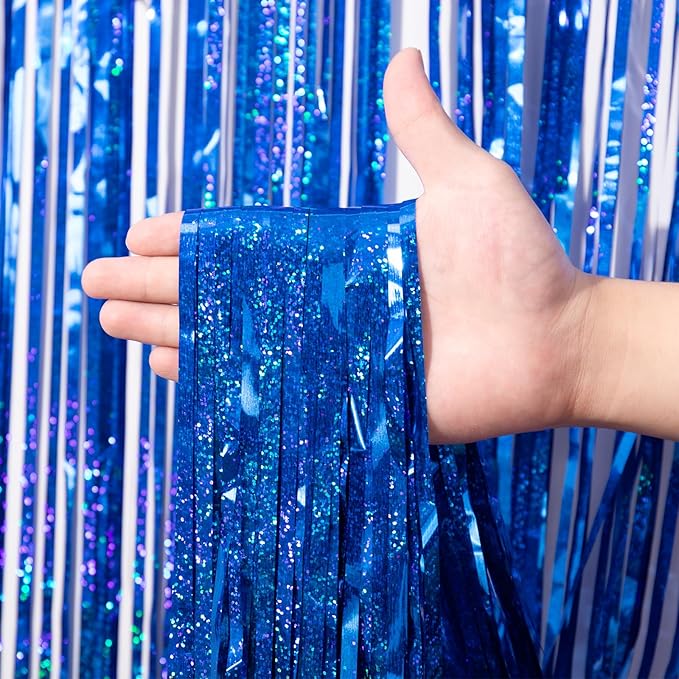 3 Pack 3.3 x 8.2 ft Laser Blue Foil Fringe Backdrop Curtains, Tinsel Streamers - Image 2