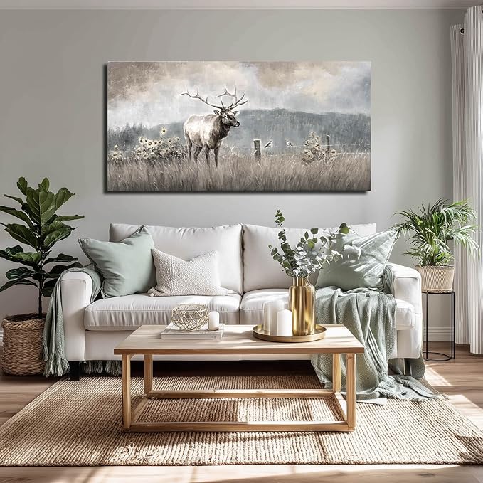 ZHENGYIN Large Bull Elk Wall Art, Deer Wildlife Canvas Print, Rustic Modern - Image 6