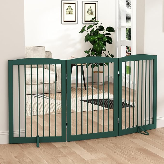 Freestanding Pet Gate for Dogs, Foldable Wooden Dog Gate for House Indoor by PUPETPO