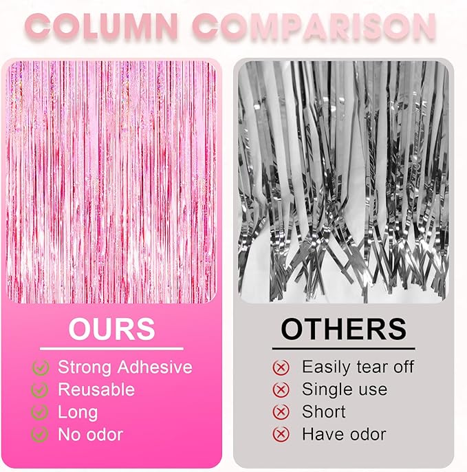 3 Pack 3.3x8.2 Feet Laser Pink Foil Fringe Backdrop Curtains, Tinsel Streamers - Image 5