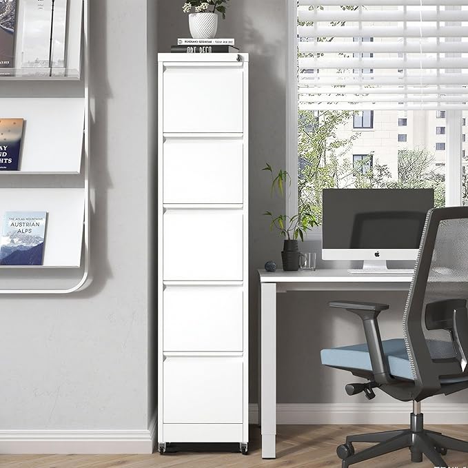5 Drawers Filing Cabient with Wheel, File Cabinet with Lock, Steel Vertical - Image 2