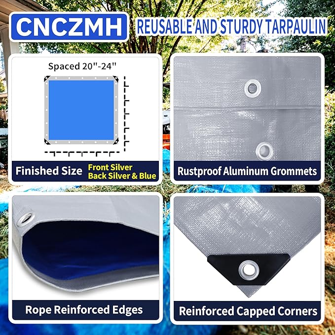 Tarp Waterproof 15x15 Feet, 8 Mil Thick Finished Size Silver/Blue Poly - Image 3