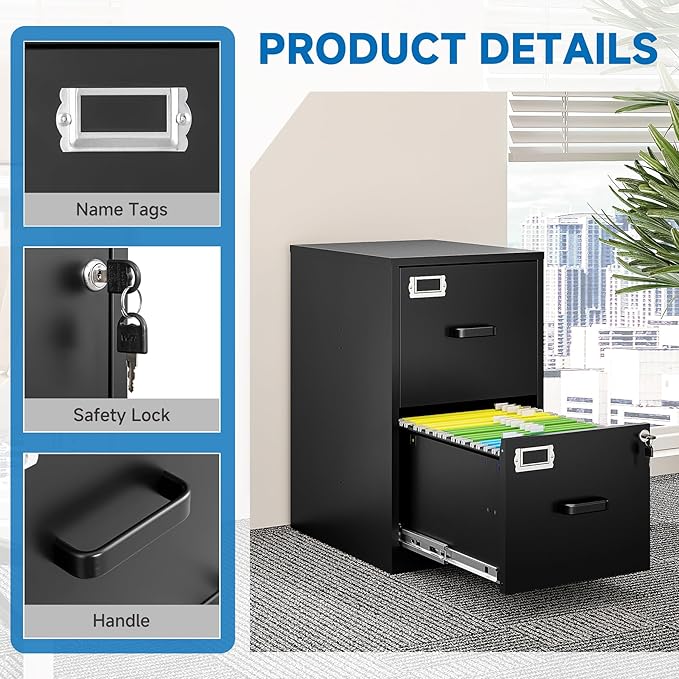 2 Drawer File Cabinet with Lock Vertical Filing Storage Cabinet Office Home - Image 7