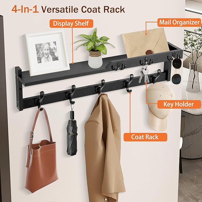 29'' Coat Rack Wall Mount with Shelf, Coat Hanger Wall Mount with Key Hooks and - Image 2